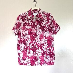 Villager Blouse‎ Womens Large Hawaiian Shirt Button Down Top Pink White Tropical